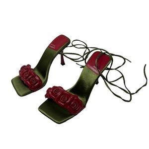 JEFFREY CAMPBELL | Rozi High Heels Green Red Strappy Square Toe Rose Lace Up